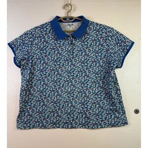 Lands End Womens Polo Shirt 2X  20/22W Short Sleeve Blue Fish Print Pullover
